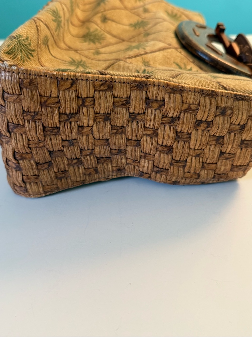 Vintage Fossil Tropical Palm-tree Print Canvass & Straw Bag w Wood Handles - Picture 14 of 15